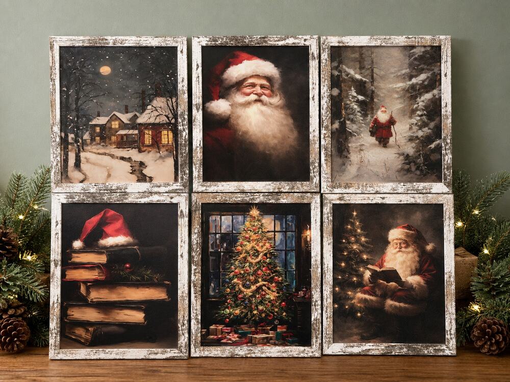 Vintage Christmas Gallery Wall Set 6 Framed Santa Prints Farmhouse Decor
